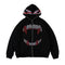 Black Rhinestone Hoodie featuring a stylized fanged mouth design in red and white