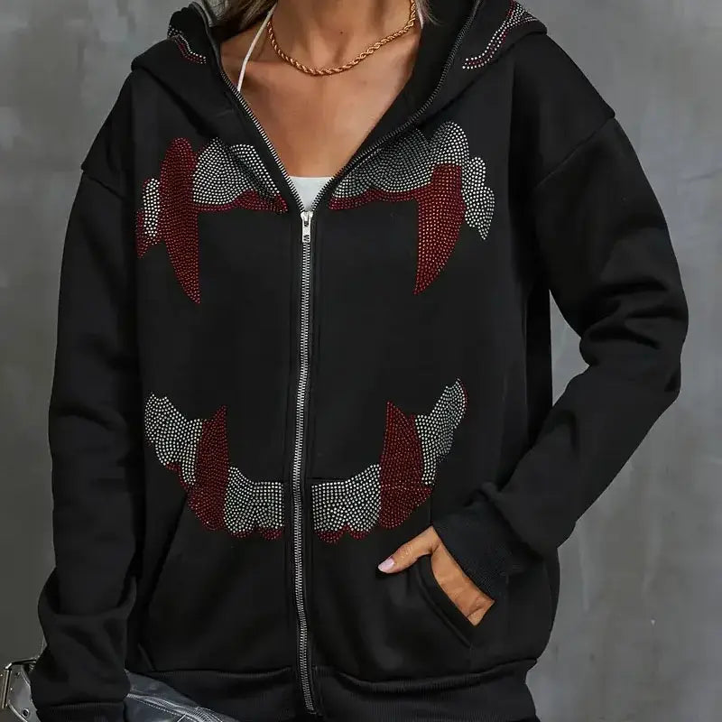 Black rhinestone hoodie featuring a stylish studded design on the front