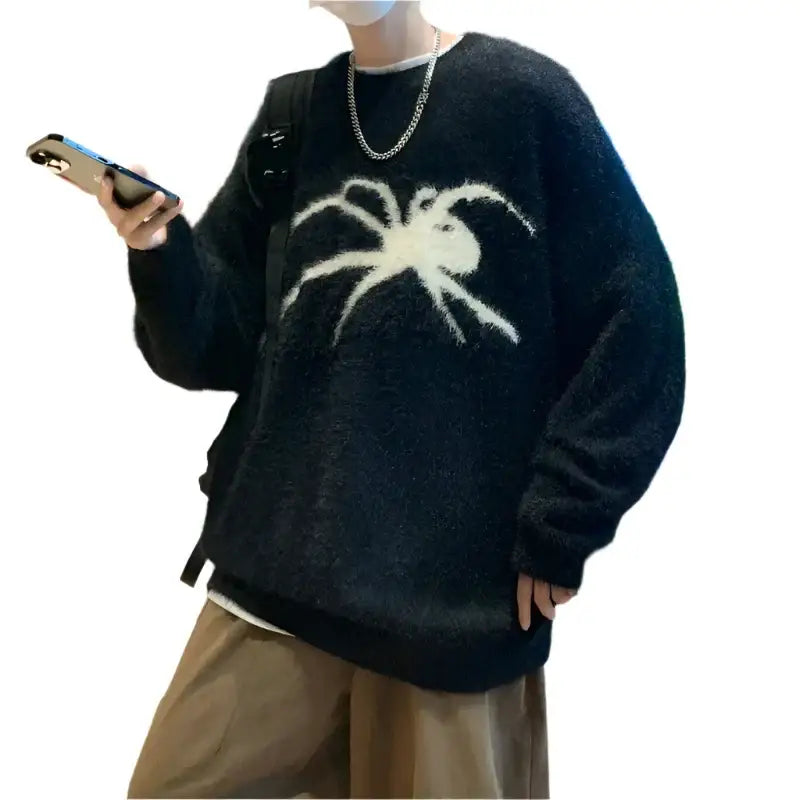 Black Spider Sweater showcasing a striking white spider graphic on the front