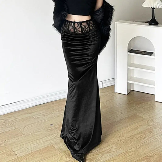 Black satin mermaid-style skirt with lace waistband, perfect black velvet maxi skirt