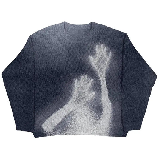 Dark gray sweatshirt with ghostly white handprint design, perfect for Y2K sweaters