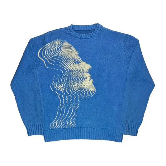 Blue Knit Sweater featuring abstract white and yellow profile design on vibrant blue