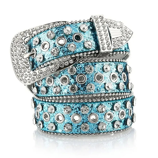 Glittery blue rhinestone belt with crystal-encrusted buckle and embellishments