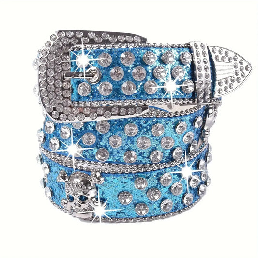 Sparkly blue leather belt with rhinestones and a silver buckle for the Blue Skull Belt