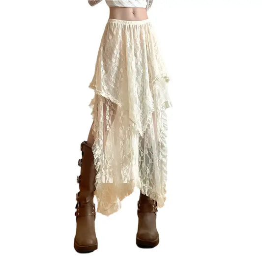 Asymmetrical cream lace boho chic maxi skirt with high-low hemline and brown leather boots