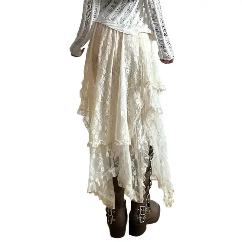 Layered asymmetrical white lace Boho Chic Maxi Skirt for a romantic style