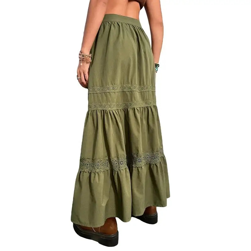 Long olive green boho maxi skirt with tiered lace trim detailing