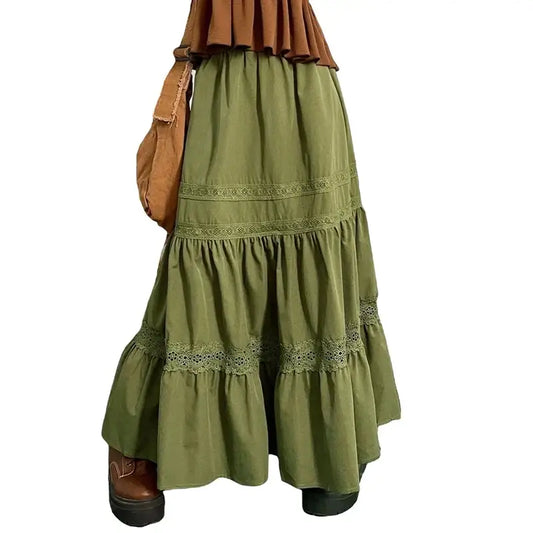 Long tiered olive green Boho Maxi Skirt features delicate lace trim details