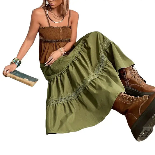 Olive green boho maxi skirt with tiered design and lace trim detailing