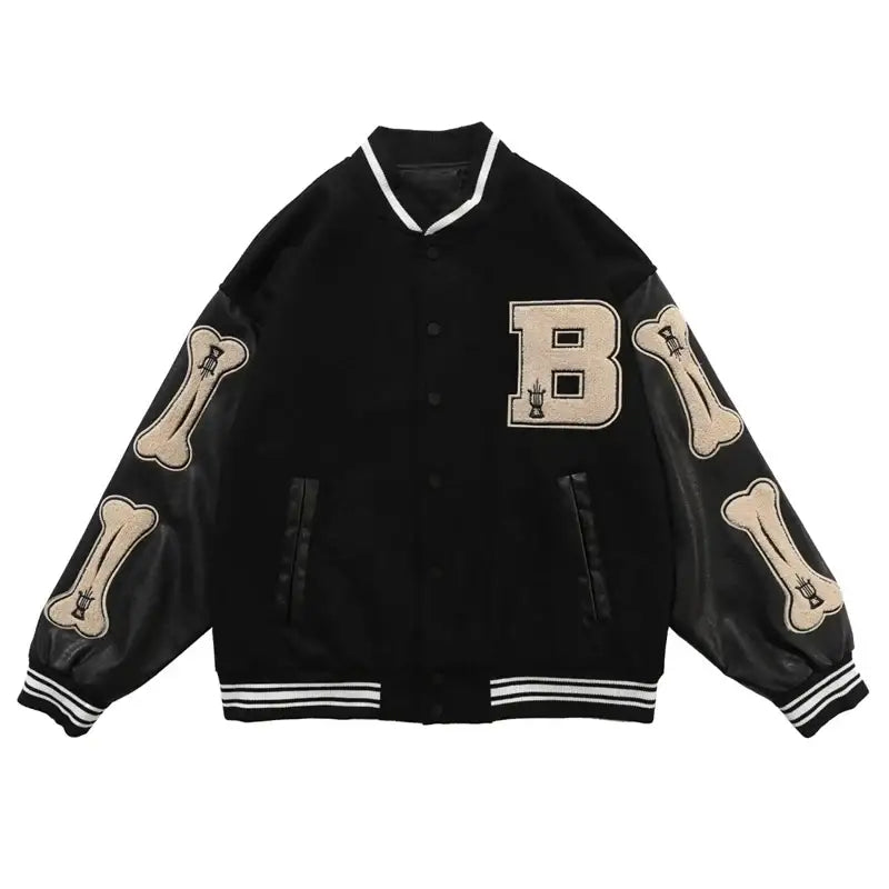 Black varsity jacket featuring a large B patch and bone designs on sleeves, Bone Varsity