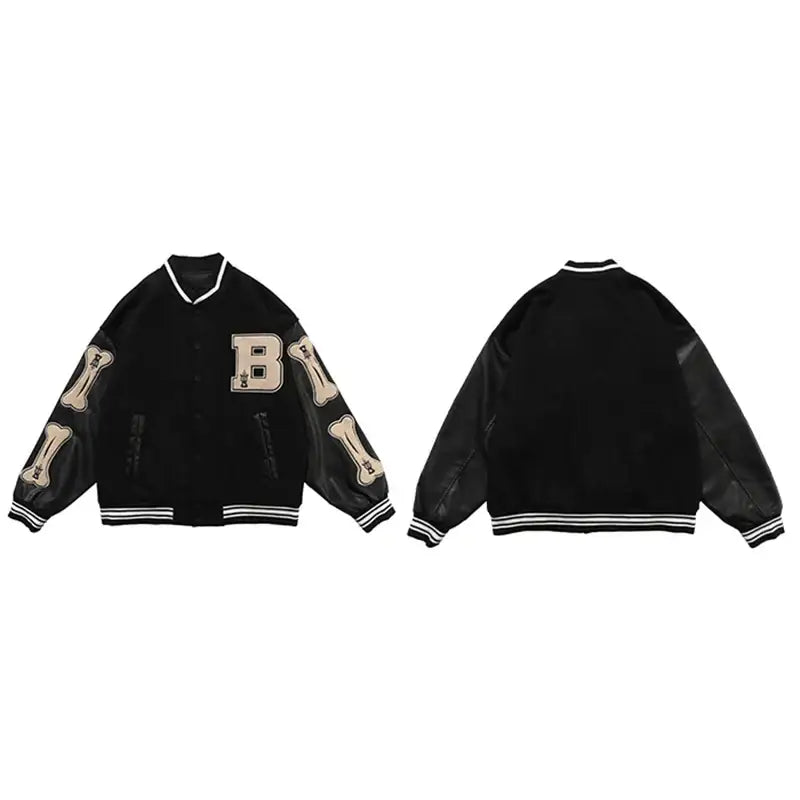 Black varsity jacket with beige letter B and striped trim from Bone Varsity collection