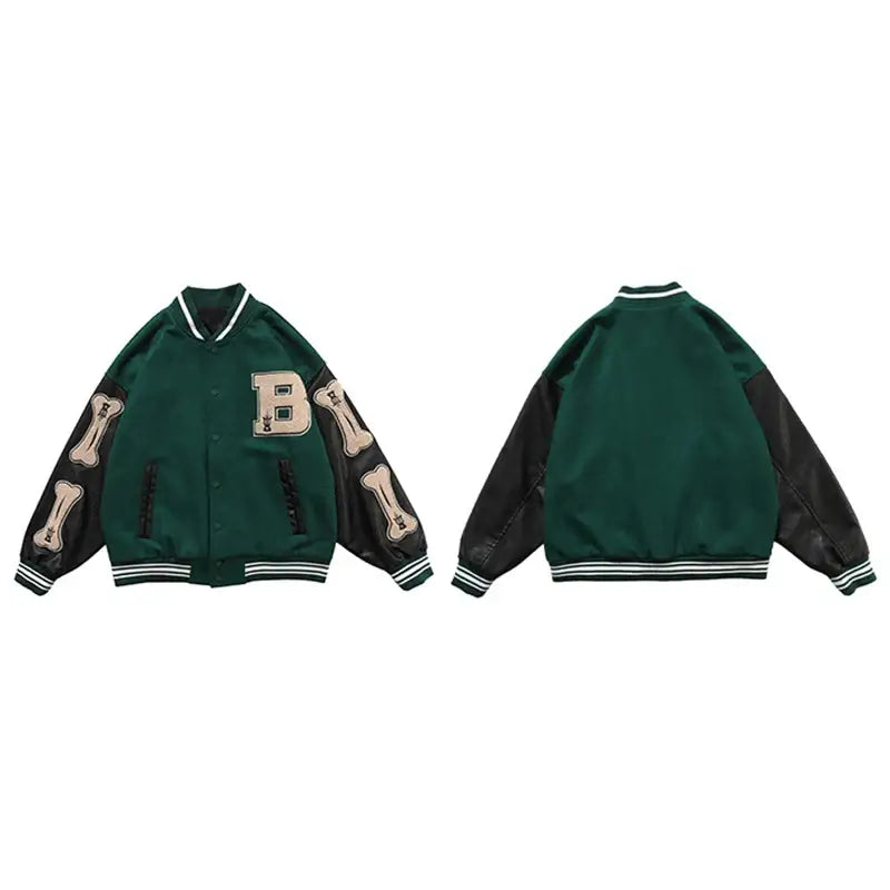 Dark green Bone varsity jacket with contrasting sleeves and ’B’ letter patch