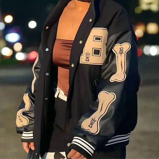 Bone Varsity Jacket featuring bone-shaped patches and striped cuffs for a stylish look