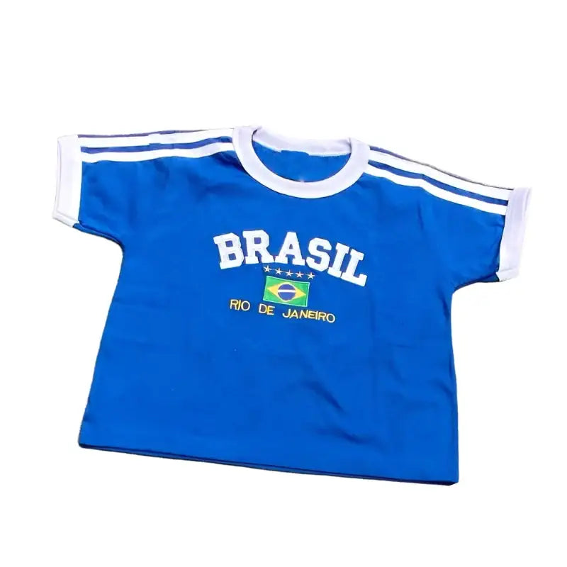 Blue Brazil Crop Top featuring Brasil text and Brazilian flag, perfect for Y2K style