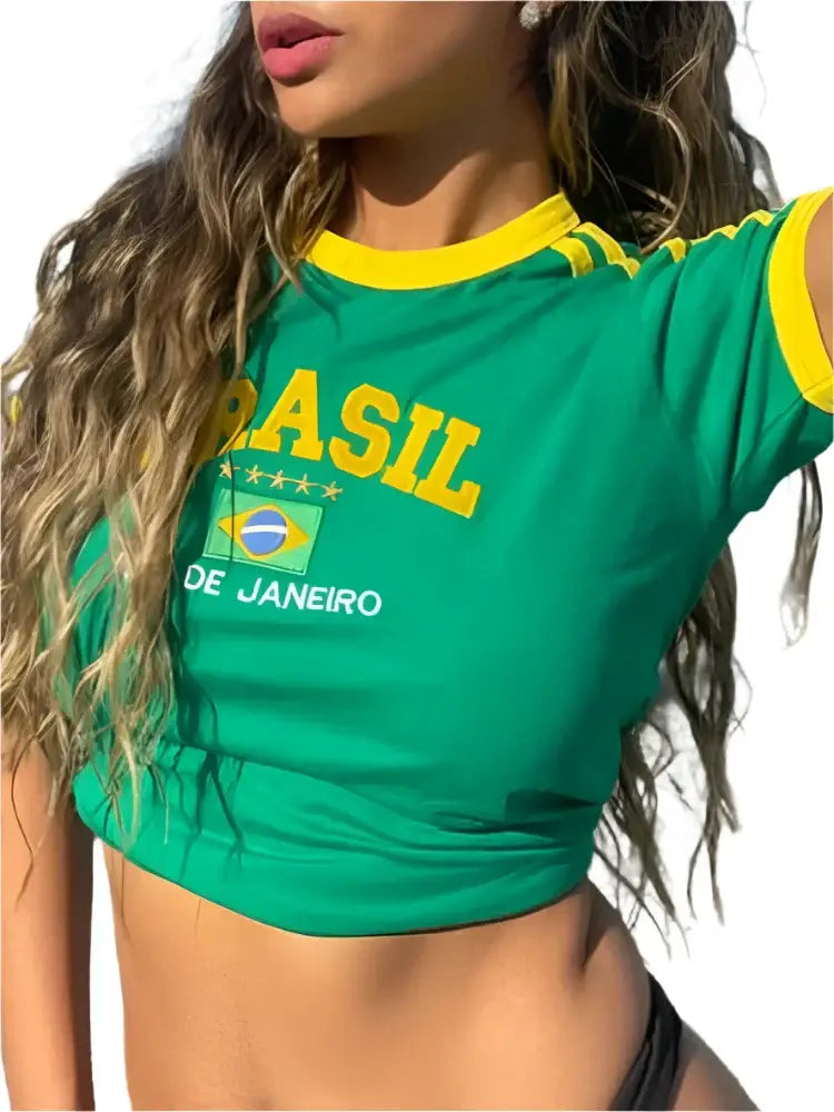 Green and yellow Brazil Crop Top with RIO DE JANEIRO text in stylish Y2K design