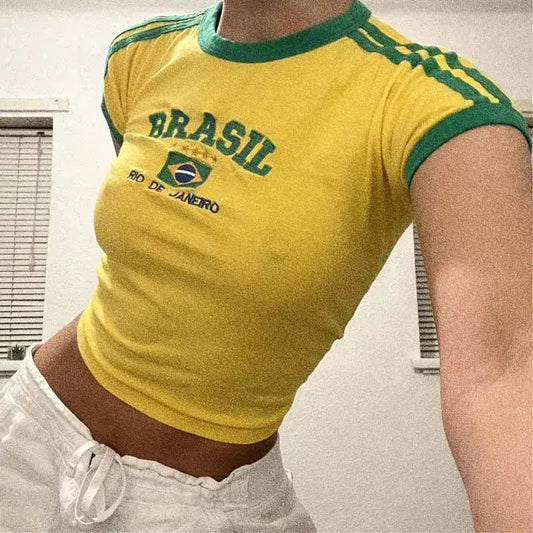 Yellow and green Brazil Crop Top showcasing trendy Y2K style for women’s fashion