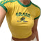 Yellow and green Brazil crop top featuring BRASIL and RIO DE JANEIRO text, Y2K style