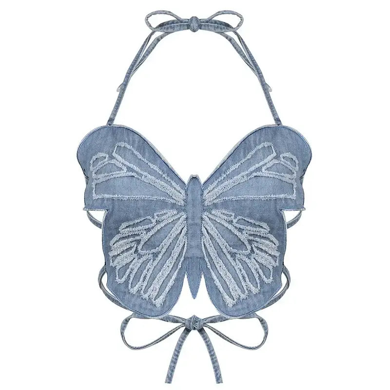 Butterfly Crop Top in light blue fabric with embroidered wings, perfect for Y2K style