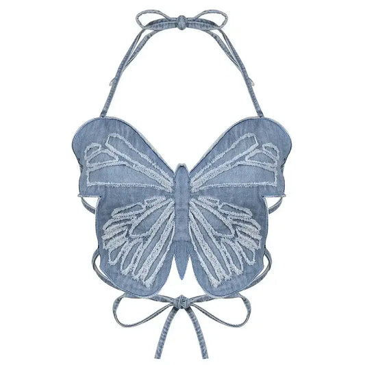 Butterfly Crop Top in light blue fabric with embroidered wings, perfect for Y2K style