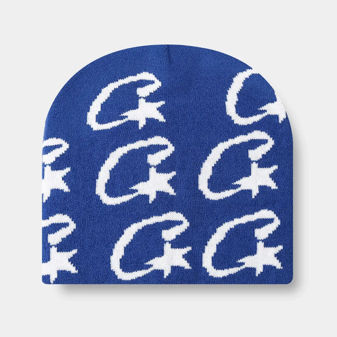 Blue C-Star Beanie featuring white crescent moon and star patterns to stay warm in style