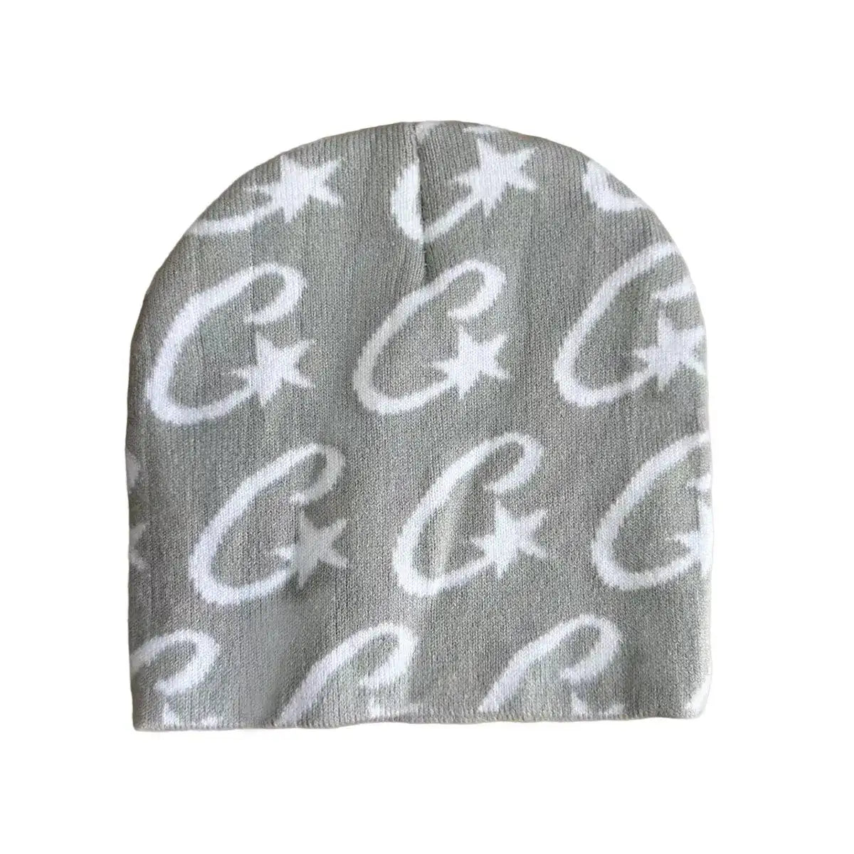 Gray C-Star Beanie with white crescent moon and star patterns to stay warm in Y2K style