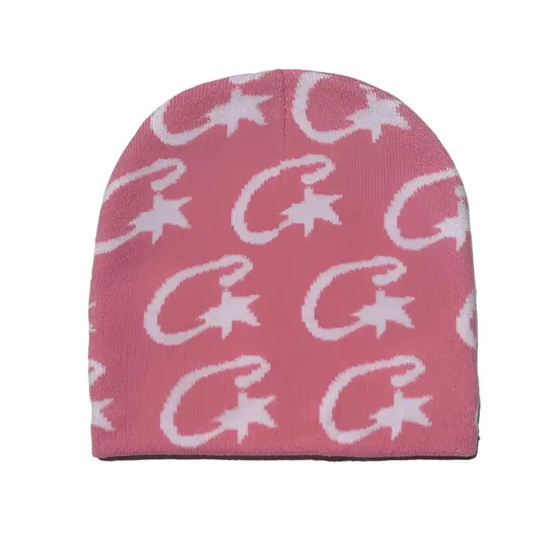 Pink C-Star Beanie featuring crescent moon and star patterns to stay warm in Y2K style