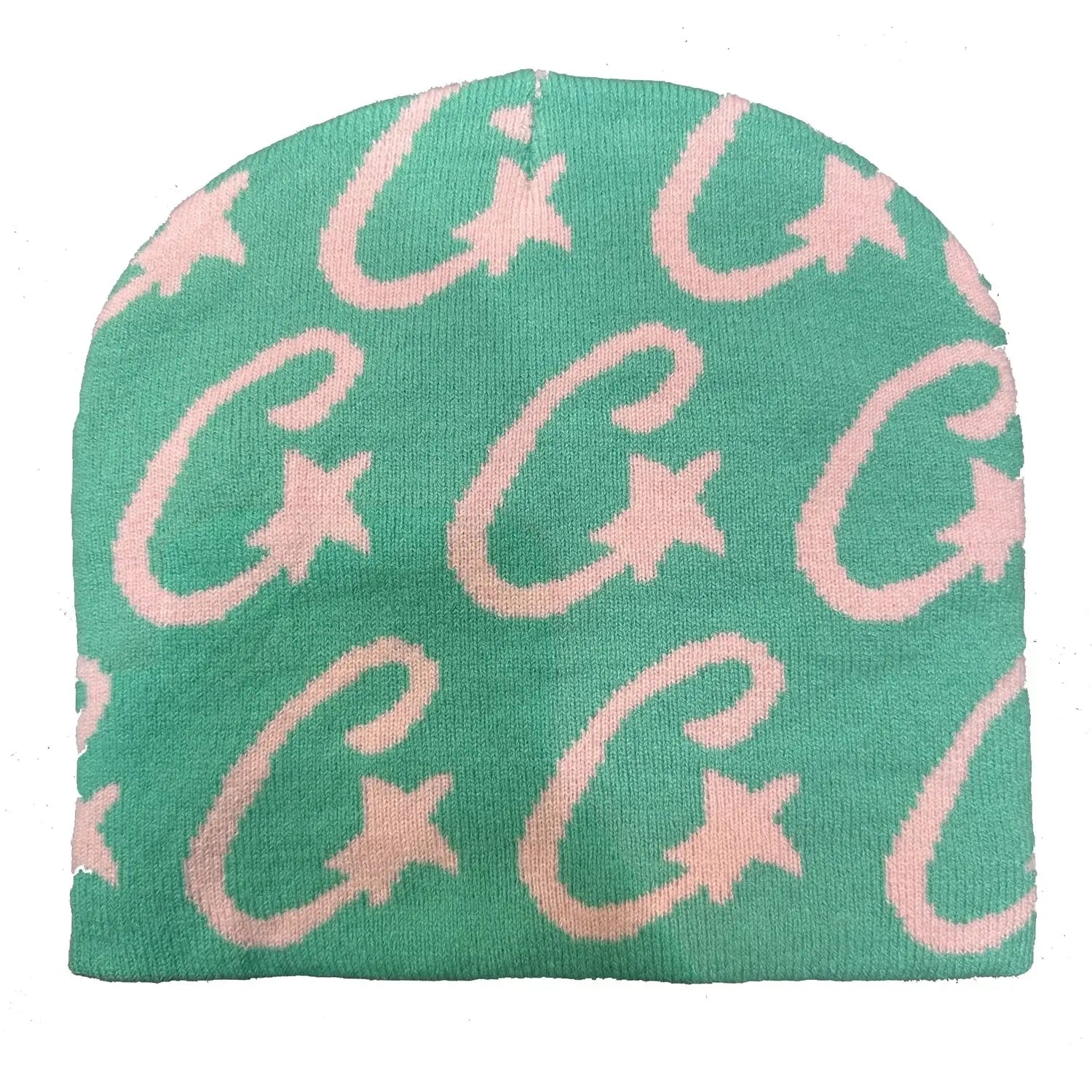 Teal C-Star Beanie with pink star and crescent moon pattern to stay warm in Y2K style