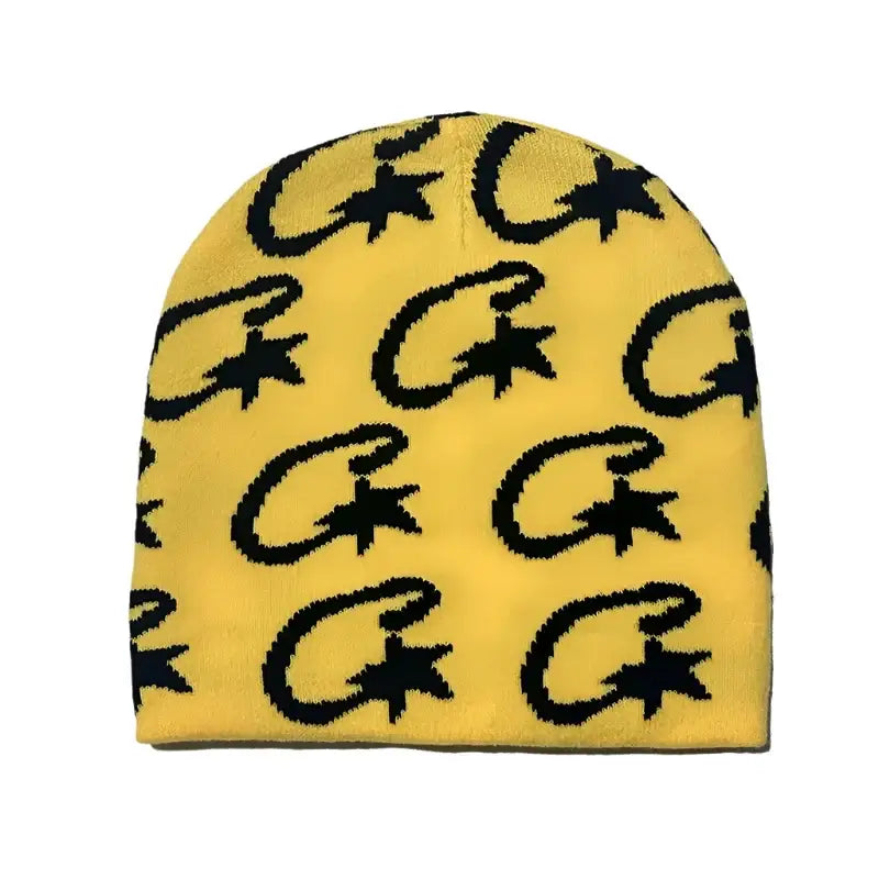 Yellow C-Star Beanie with black alligator pattern, perfect to stay warm in Y2K style