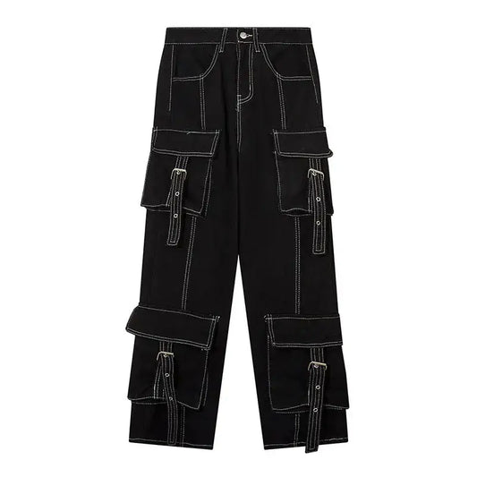 Black cargo baggy jeans featuring multiple pockets and decorative zippers for trendy style