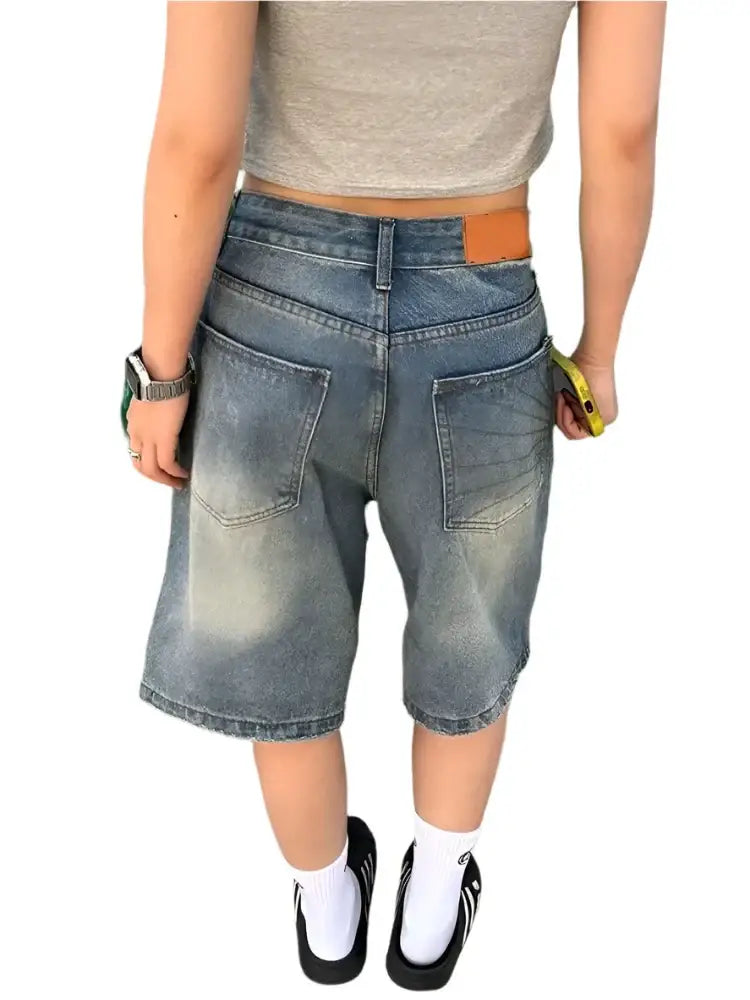 Faded Carpenter Jorts denim shorts with brown leather patch on the waistband