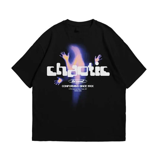 Black Chaotic T Shirt with colorful Chipotle graphic and abstract shapes for Y2K style