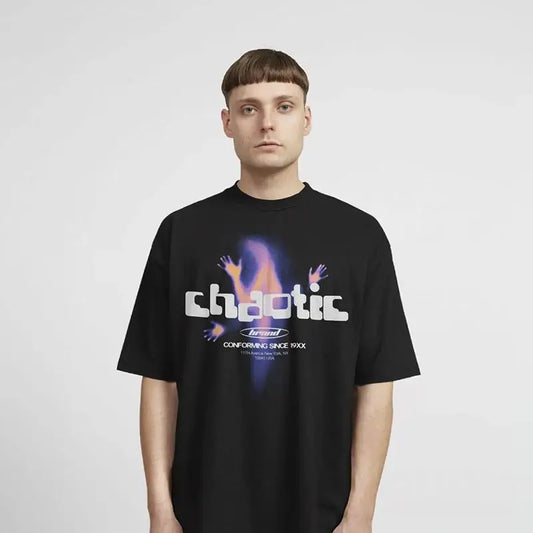 Black Chaotic T Shirt with colorful graphic design for Y2K fashion freedom