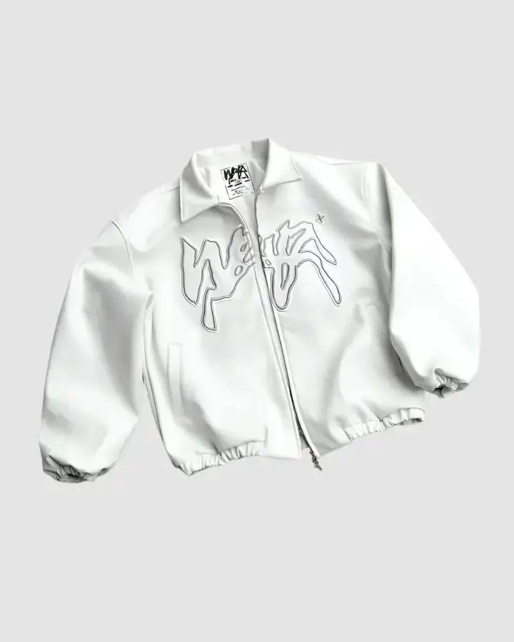 White zip-up Classic Varsity Jacket featuring a graffiti-style logo design