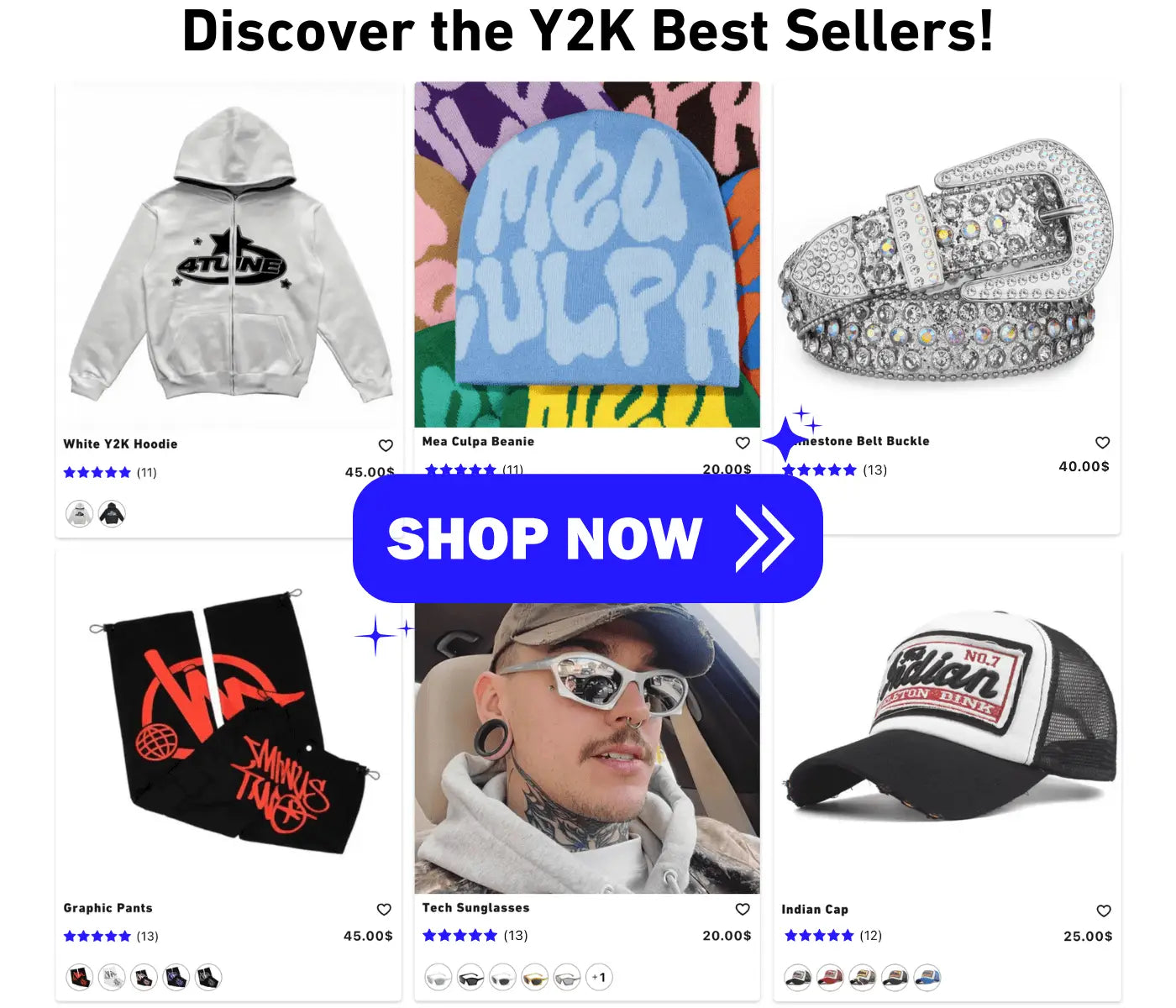 Y2K-inspired fashion items and accessories in a grid layout for streetwear culture.