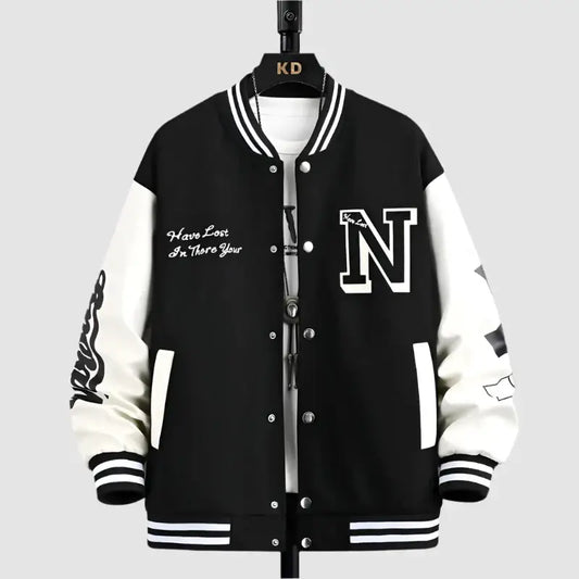 Black and white collegiate jacket featuring an N logo and loose fit design