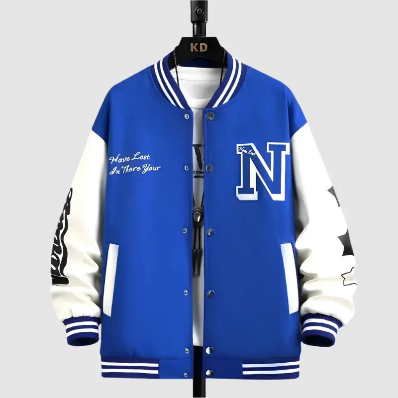 Blue and white Y2K collegiate jacket with an N logo in a loose fit design