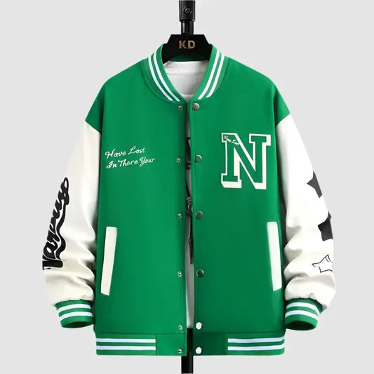 Green and white collegiate jacket featuring an N logo in a loose fit y2k style