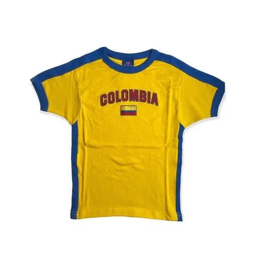 Yellow Colombia soccer jersey with blue trim and red lettering for Colombia Crop Top