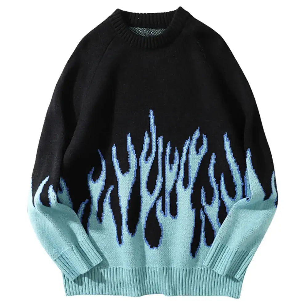 Black Coral Sweater featuring a blue flame pattern, perfect for Y2K womens clothing