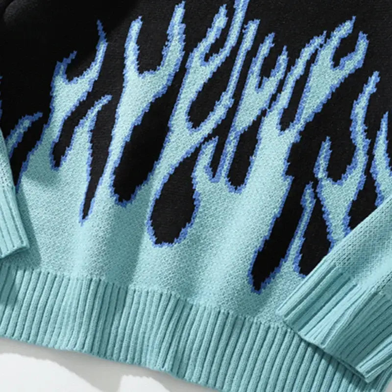 Light blue Coral Sweater with dark blue flame pattern, perfect for women’s Y2K clothing