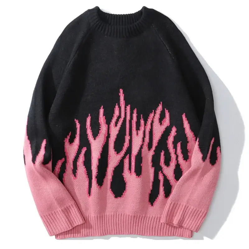 Black and pink knit Coral Sweater with flame pattern for womens Y2K clothing