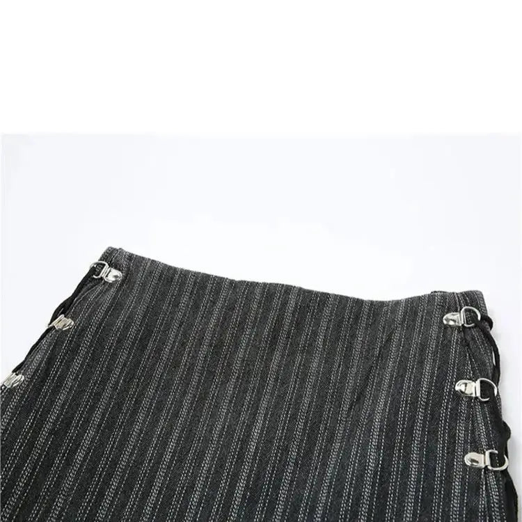 Dark gray pinstriped corset skirt with metal clasps, made from high-quality cotton