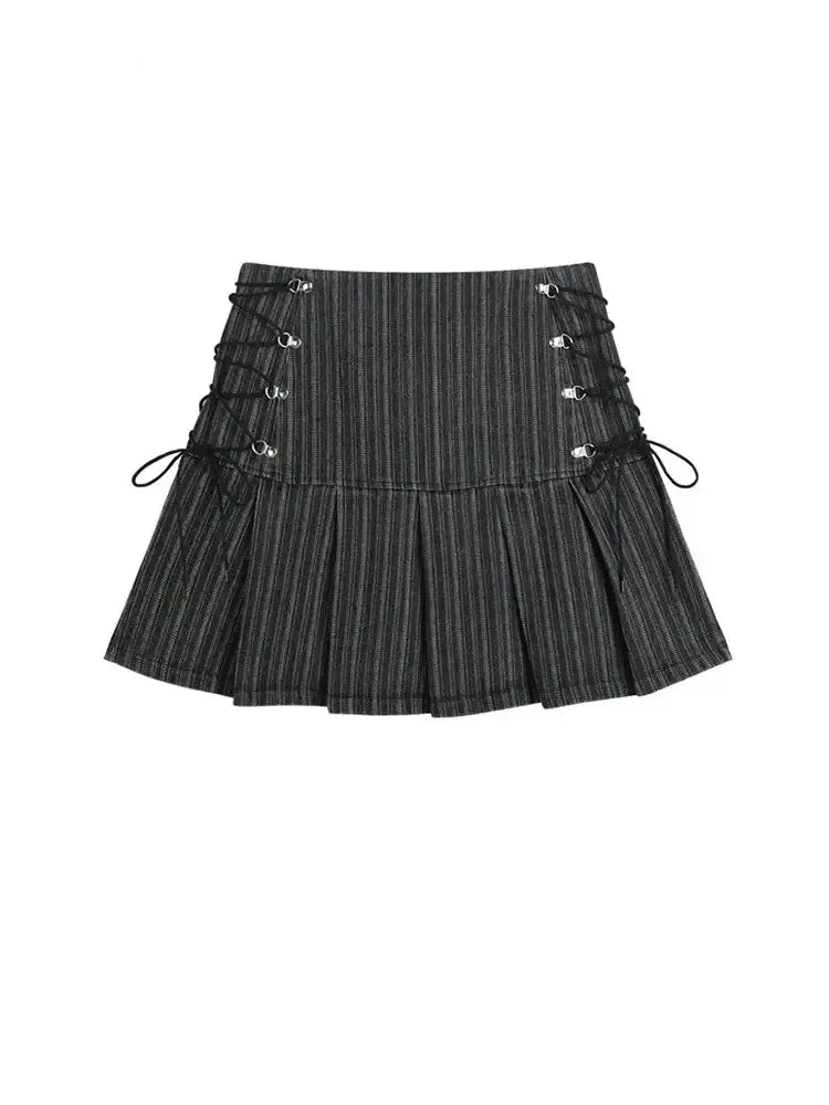 Dark gray pinstriped corset skirt with lace-up sides and pleated hem in high-quality cotton