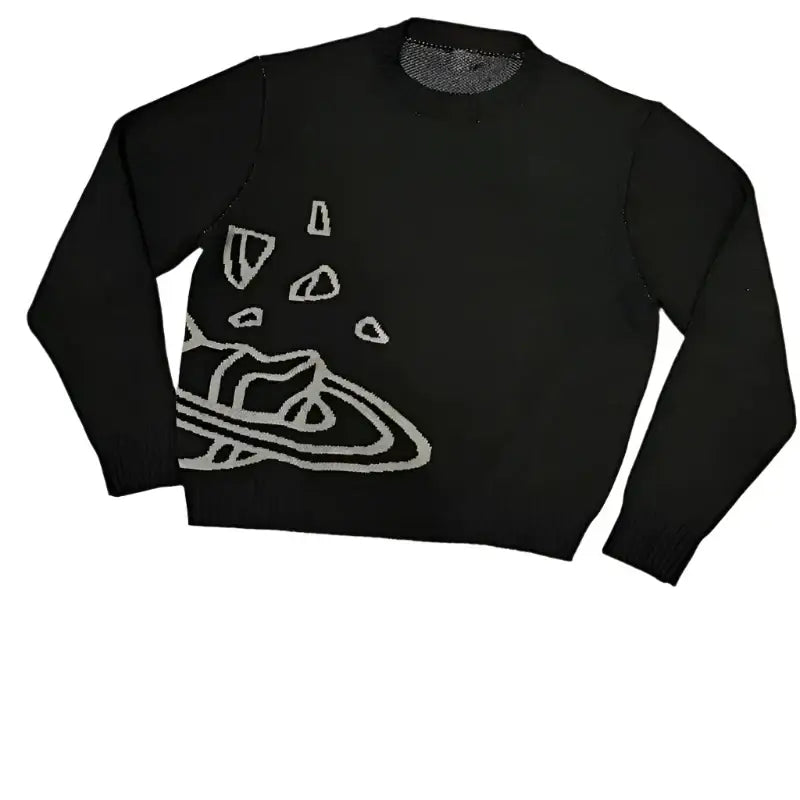 Black knit sweater featuring a white abstract planetary design from Cosmic Knit Sweater