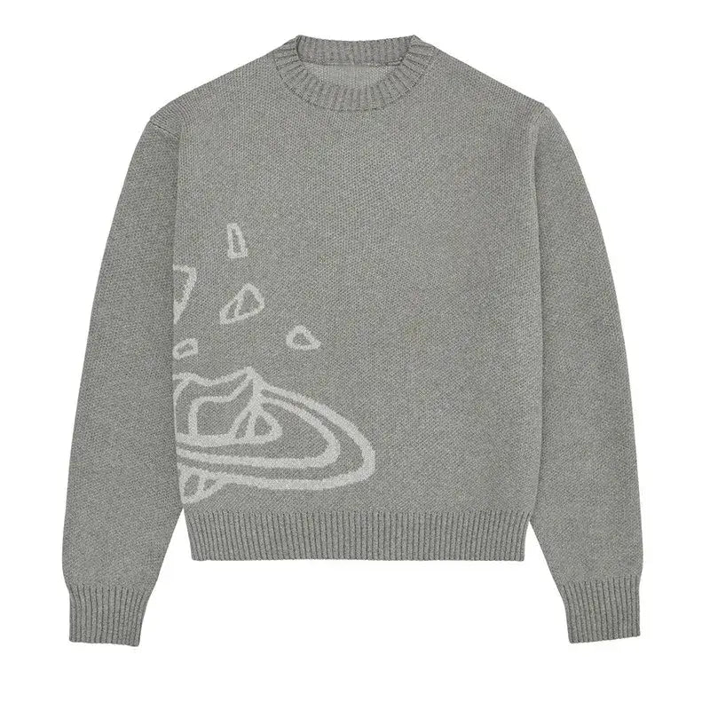 Gray Cosmic Knit Sweater featuring a partial white abstract design on the front