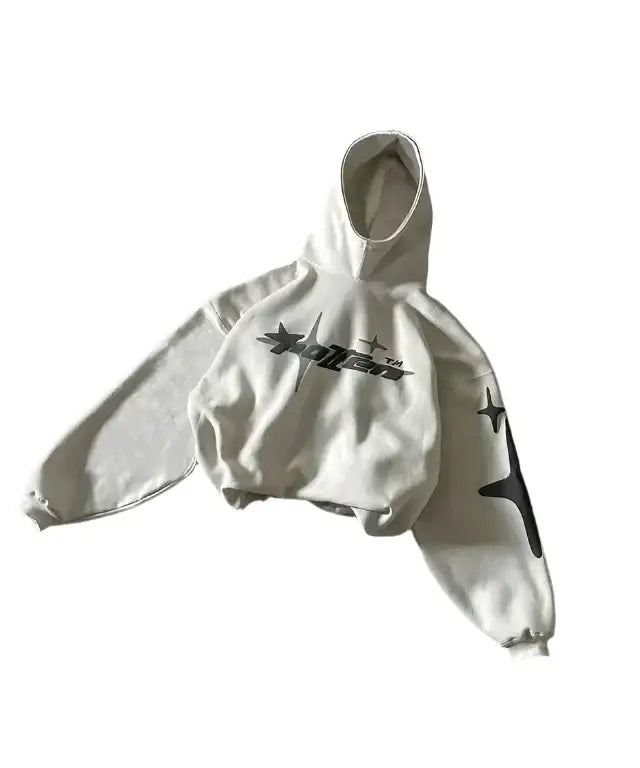 White Cotton Y2K Hoodie featuring black star designs and stylish text