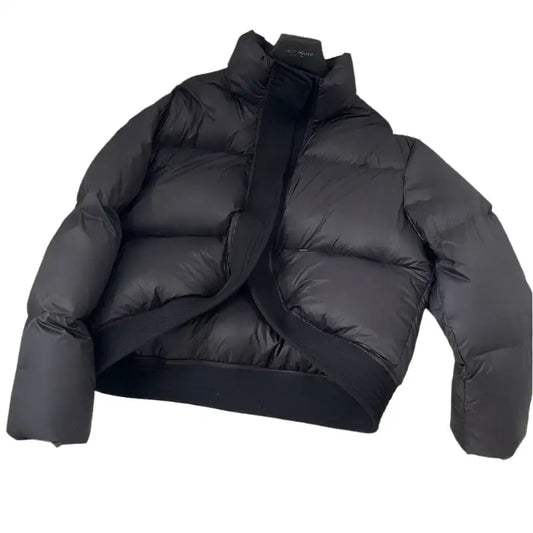 Black cropped puffer jacket with high collar for stylish winter warmth