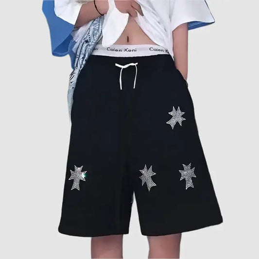 Black Cross Denim Shorts with silver star decorations for a trendy Y2K look