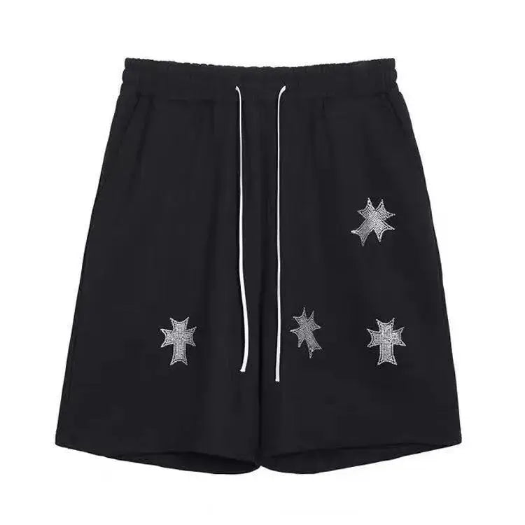 Black Cross Denim Shorts with silver star-like embroidery for a trendy Y2K look