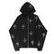 Black hooded sweatshirt featuring cross designs, perfect for Y2K style enthusiasts